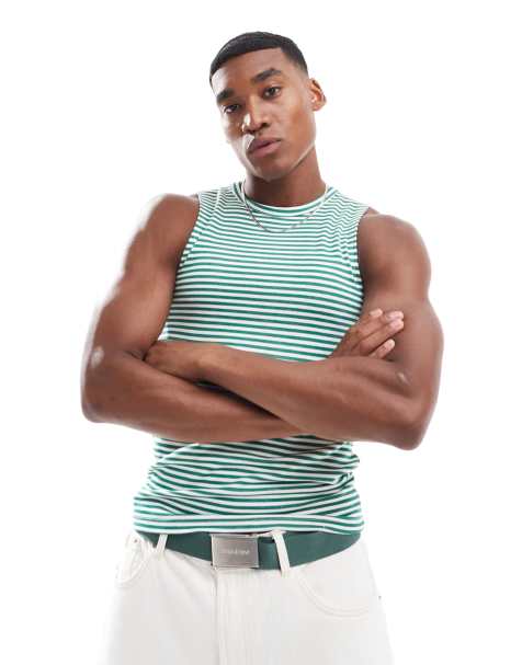 ASOS DESIGN – Tanktop in Grün gestreift mit Muskelschnitt - view 1