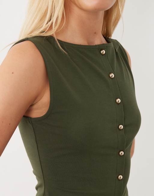 ASOS DESIGN – Tanktop in Khaki mit durchgehender Knopfleiste und U-Boot-Ausschnitt, 3 von 4