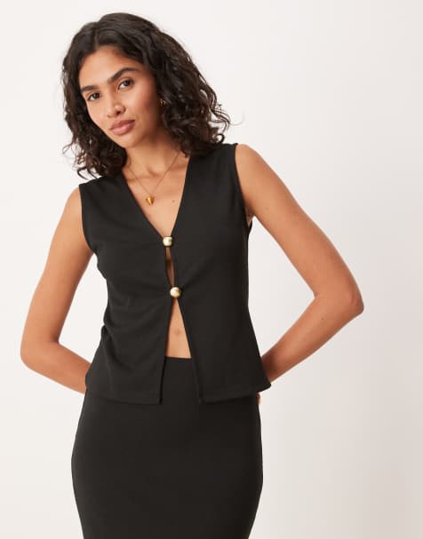 ASOS DESIGN – Tanktop in Schwarz mit V-Ausschnitt und Knöpfen, Kombiteil - view 1