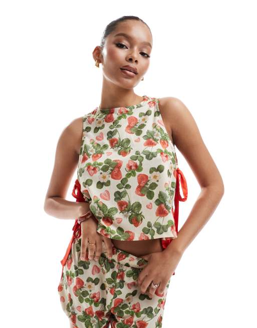 ASOS DESIGN - Tanktop med kontrasterende bindebånd i siden og multifarvet frugtprint - Del af sæt