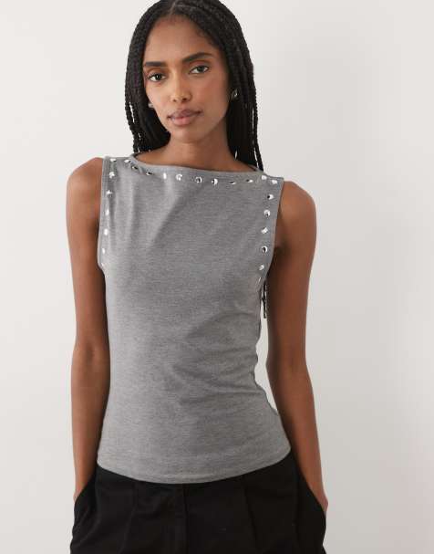 ASOS DESIGN tanktop med nittedetaljer i gråmeleret - view 1