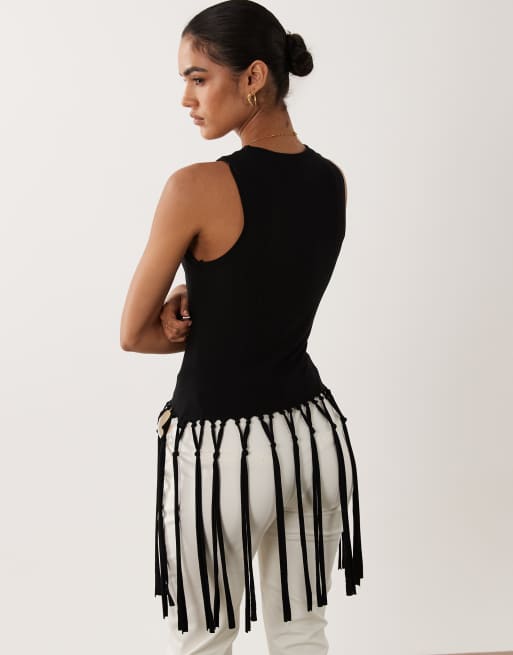 ASOS DESIGN tanktop met franjerand in zwart, 4 van 4