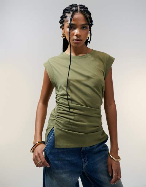 ASOS DESIGN - Tanktop met korsettaille en scherpe schouder in kaki - view 1