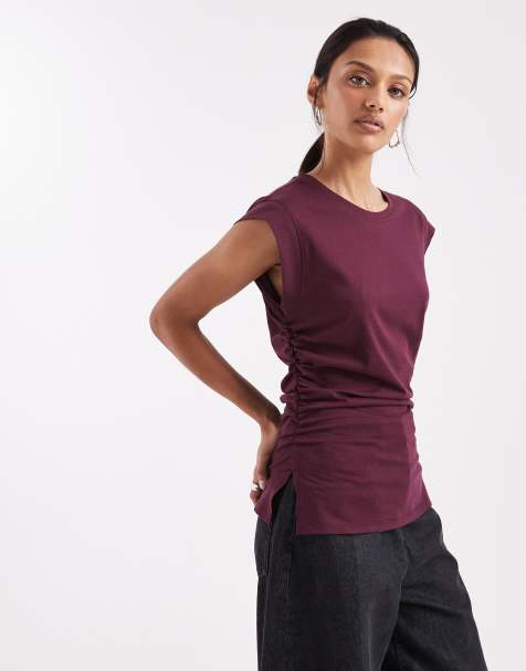 ASOS DESIGN - Tanktop met korsettaille en scherpe schouders in bordeauxrood - view 1