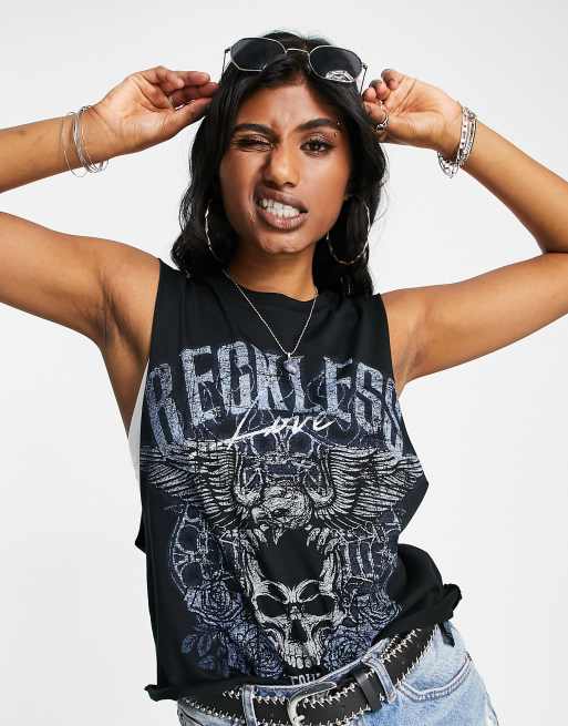 ASOS DESIGN - Tanktop met 'Reckless'-print in zwart
