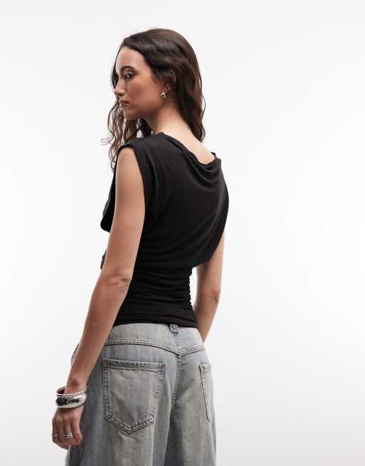 ASOS DESIGN - Tanktop met ruimvallende hals en gerimpelde taille in zwart, 4 van 4