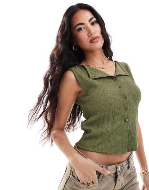 ASOS DESIGN - Tanktop met textuur en knopen in donkergroen