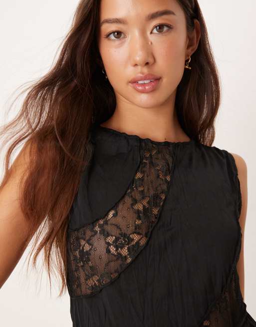 ASOS DESIGN - Tanktop van kreukelstof en kant in zwart, 2 van 4