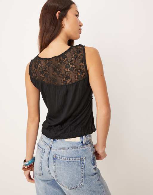 ASOS DESIGN - Tanktop van kreukelstof en kant in zwart, 4 van 4