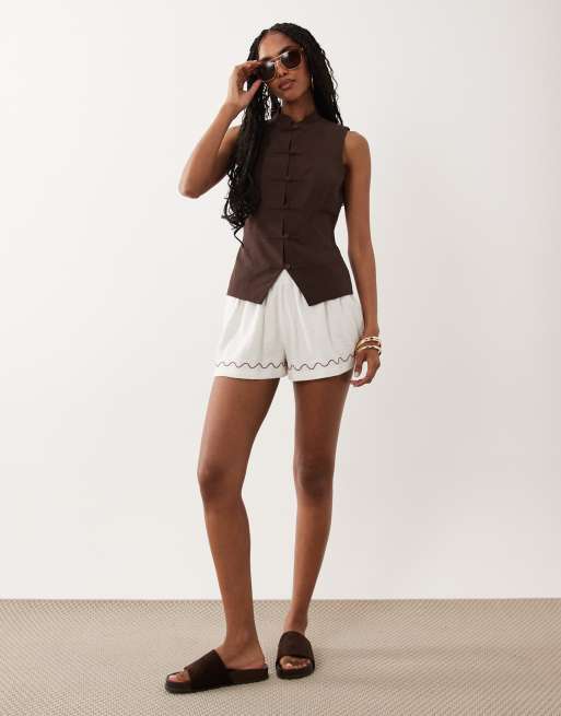 ASOS DESIGN - Tanktop van linnenmix met mandarijnkraag in chocoladebruin, 2 van 4