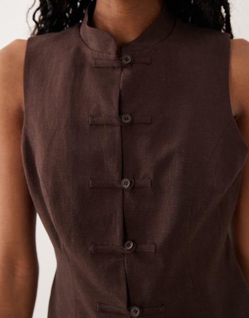 ASOS DESIGN - Tanktop van linnenmix met mandarijnkraag in chocoladebruin, 3 van 4