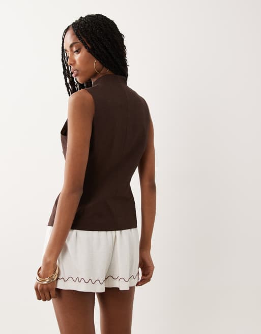 ASOS DESIGN - Tanktop van linnenmix met mandarijnkraag in chocoladebruin, 4 van 4