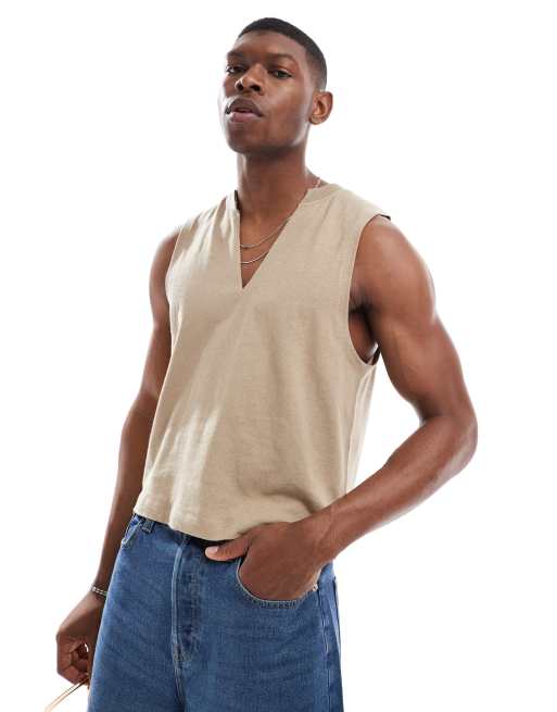 ASOS DESIGN - Tanktop van linnenmix met V-hals in stone