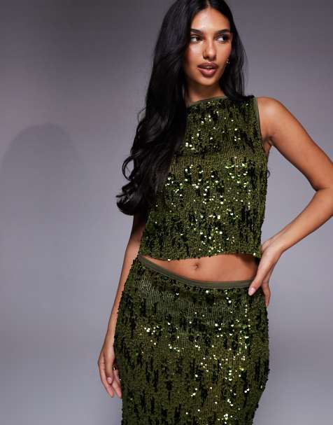 ASOS DESIGN - Tanktop van mesh met lovertjes in groen, deel van co-ord set - view 1