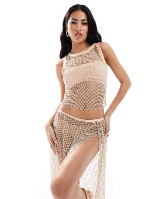 ASOS DESIGN - Tanktop van visnet met hotfix en biezen in goud, deel van co-ord set