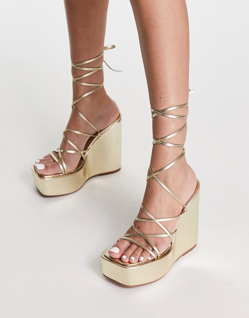 Asos Design Tanon Tie Leg Wedges In Gold