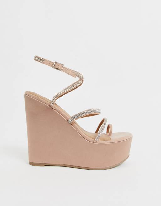 ASOS DESIGN Tantalize toe loop embellished wedges in nude