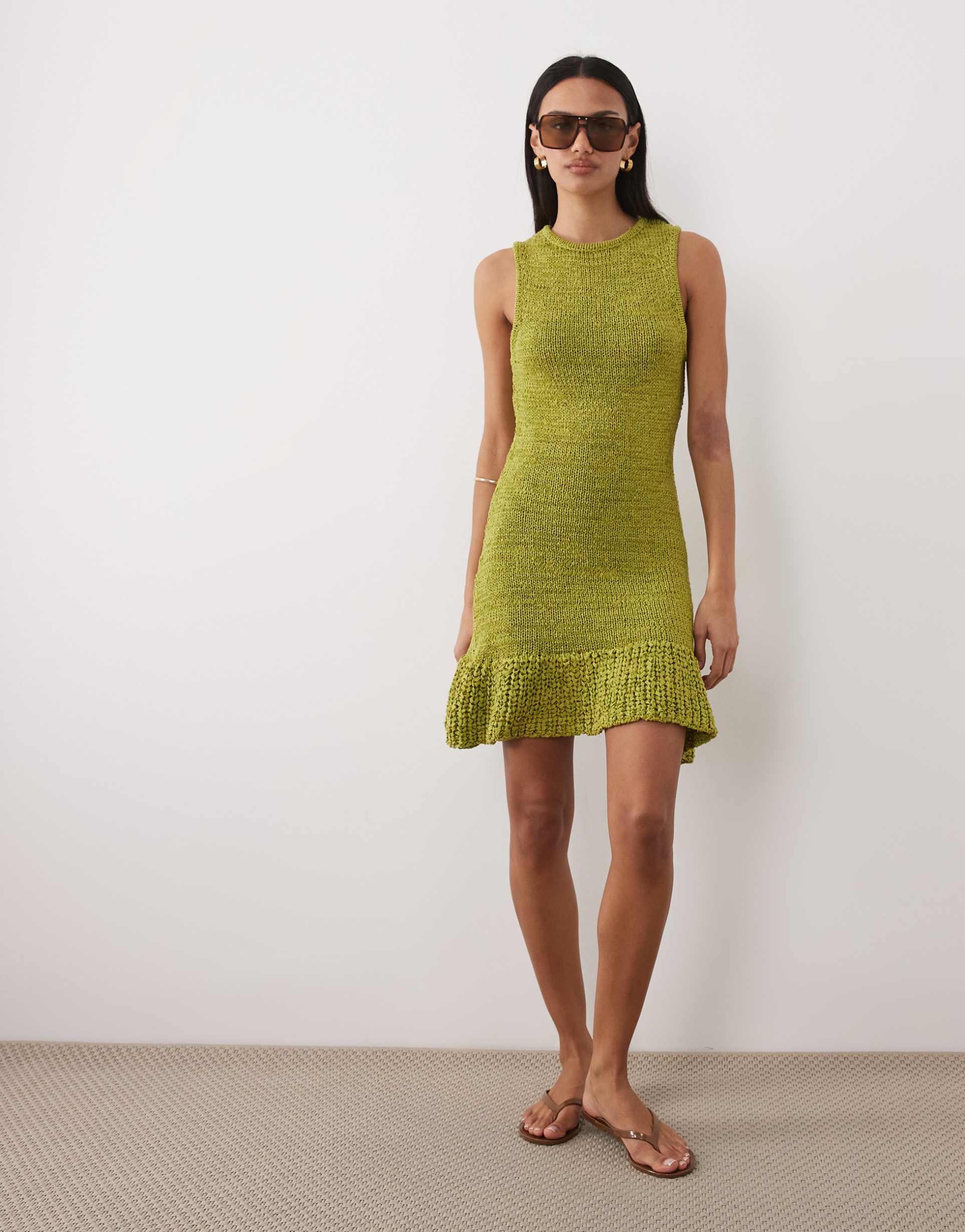 asos design tape yarn dress with frill hem in green