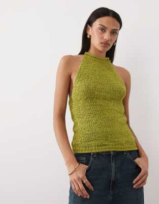 Asos Design Tape Yarn Halter Top In Green