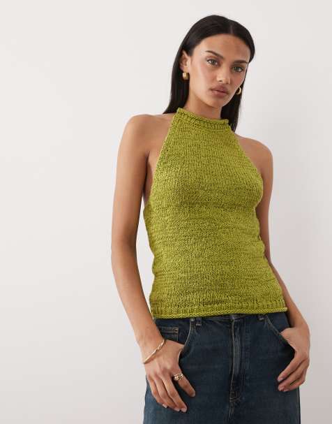 ASOS DESIGN tape yarn halter top in green - view 1