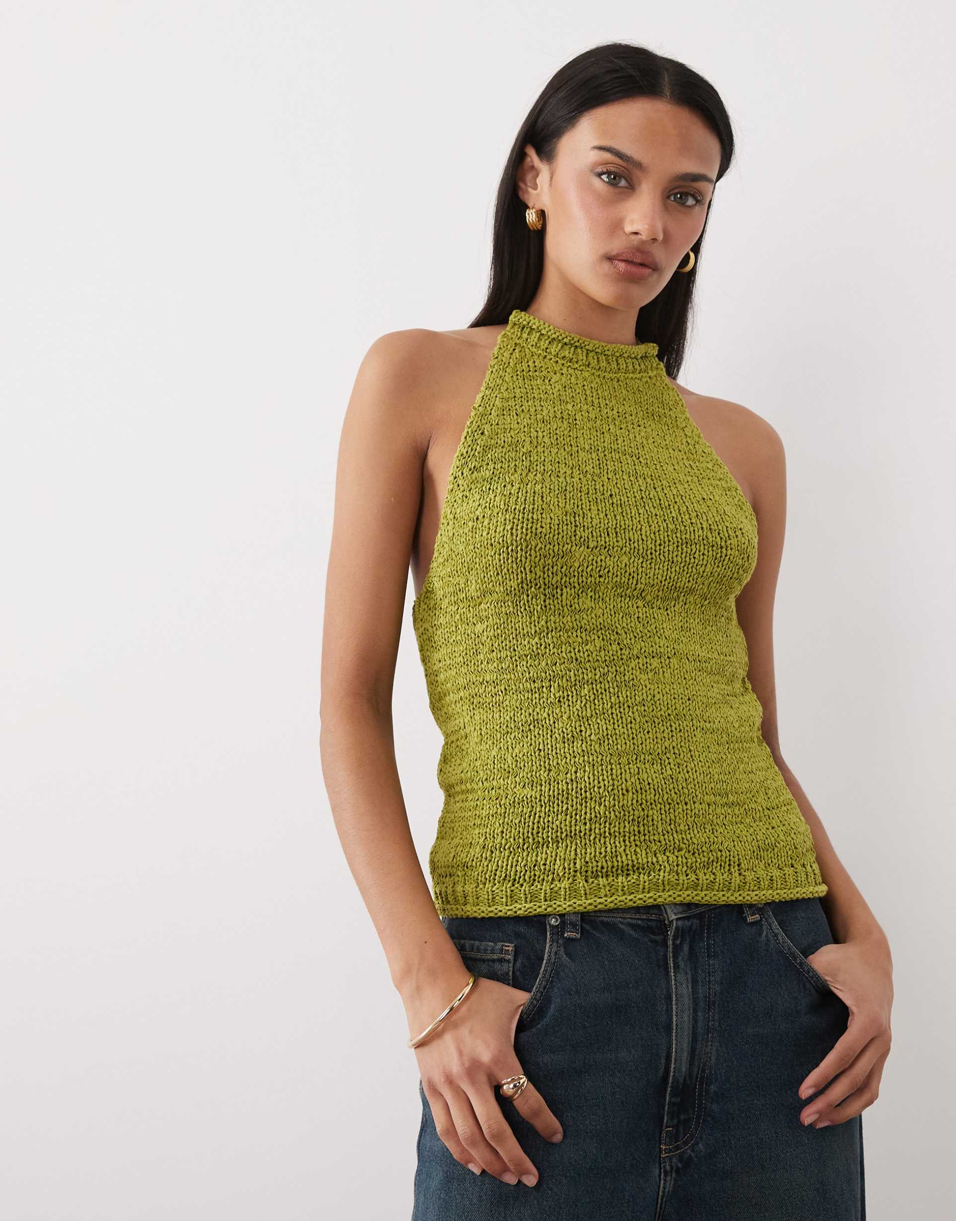 asos design tape yarn halter top in green