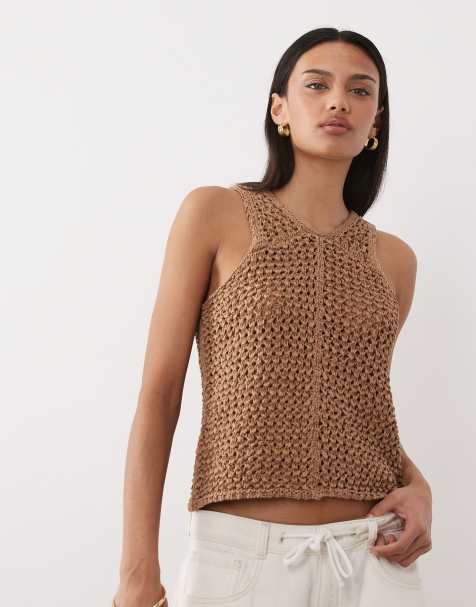 ASOS DESIGN tape yarn open stitch singlet in toffee - view 1