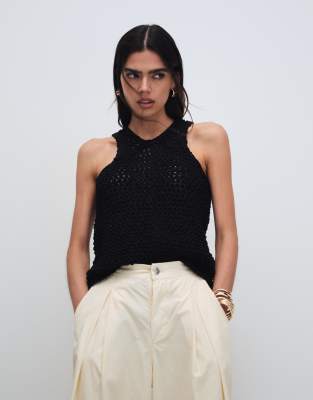 Asos Design Tape Yarn Open Stitch Tank Top In Black