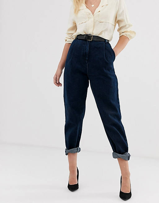 ASOS DESIGN tapered boyfriend jeans with curved seams and belt in indigo wash