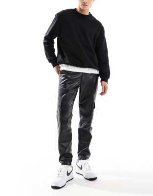 tapered cargo leather look pants in black