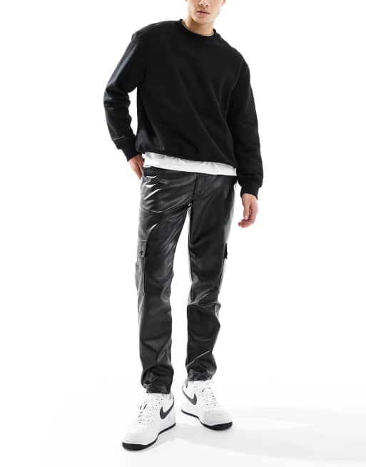 ASOS DESIGN tapered cargo leather look pants in black