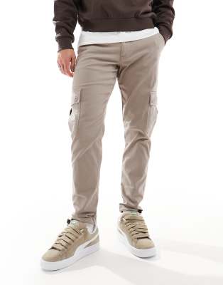 Asos Design Tapered Cargo Pants In Beige-neutral