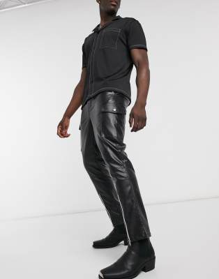 black leather stacked cargo pants