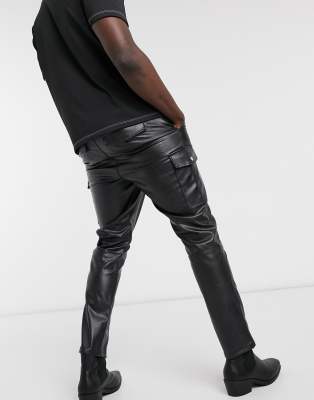 black leather stacked cargo pants