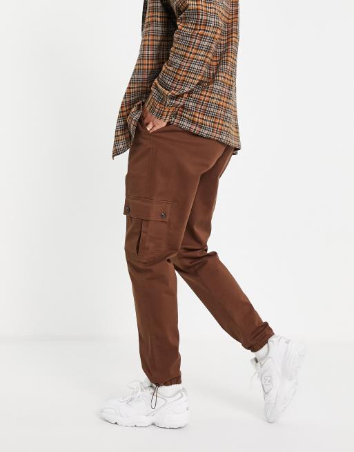 Asos Design Tapered Cargo Pants In Dark Brown With 3d Pockets