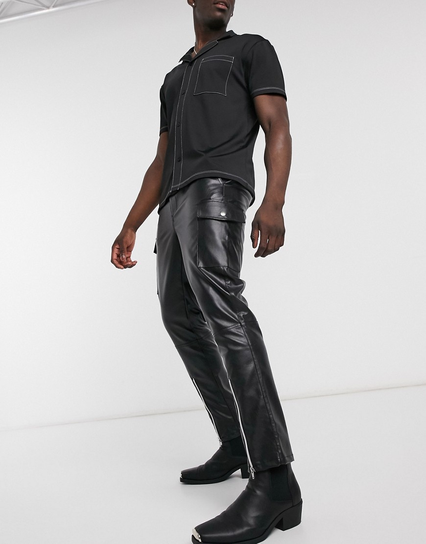 ASOS DESIGN tapered cargo pants in faux leather with zips-Black