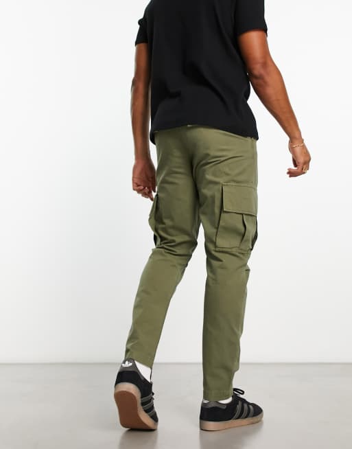 ASOS DESIGN tapered cargo pants in khaki rip stop