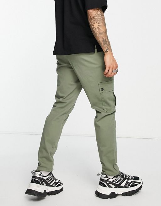 ASOS DESIGN tapered cargo pants in khaki with toggles