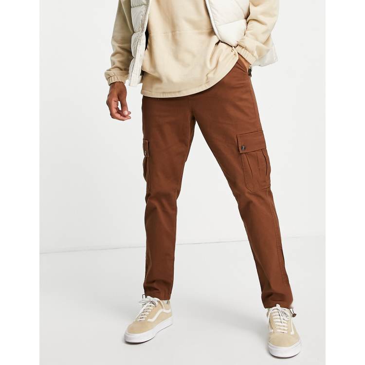 Asos Design Tapered Cargo Pants In Dark Brown With 3d Pockets