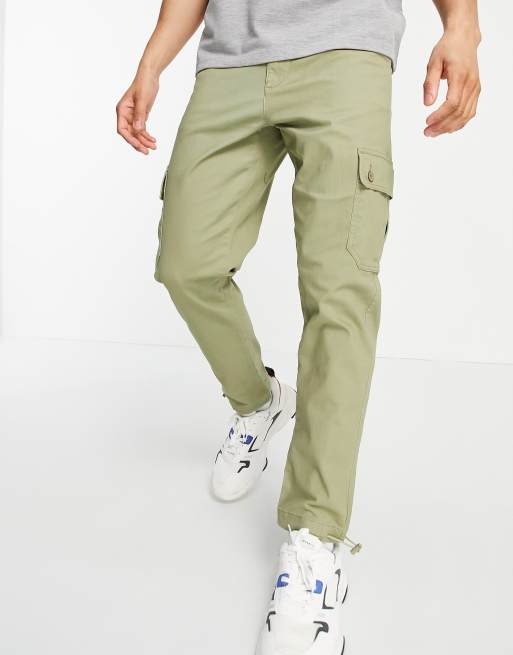 ASOS DESIGN tapered cargo pants in light green with toggles