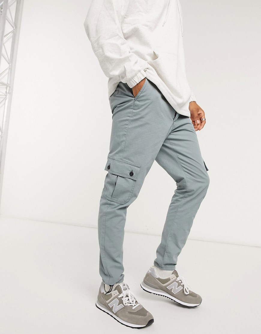 ASOS DESIGN tapered cargo pants with toggles in gray