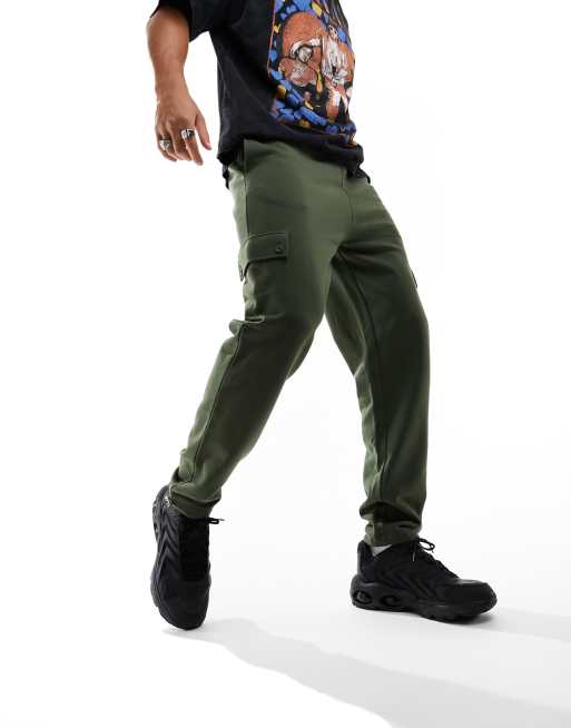 ASOS DESIGN tapered cargo trackies with toggle in khaki
