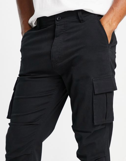 ASOS DESIGN tapered cargo trousers in black with 3D pockets