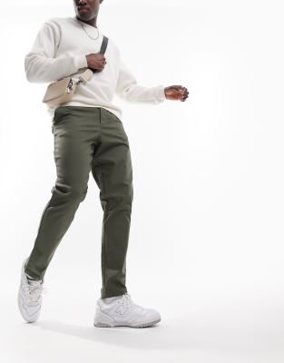 Asos Design Slim Chinos In Warm Khaki-green In Green