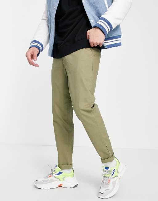 boohooMAN tapered chinos with side panel detail in khaki, ASOS