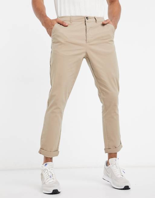 boohooMAN tapered chinos with side panel detail in khaki, ASOS