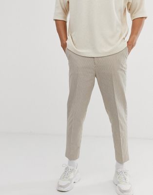 ASOS DESIGN tapered crop smart pants in beige seersucker stripe | ASOS