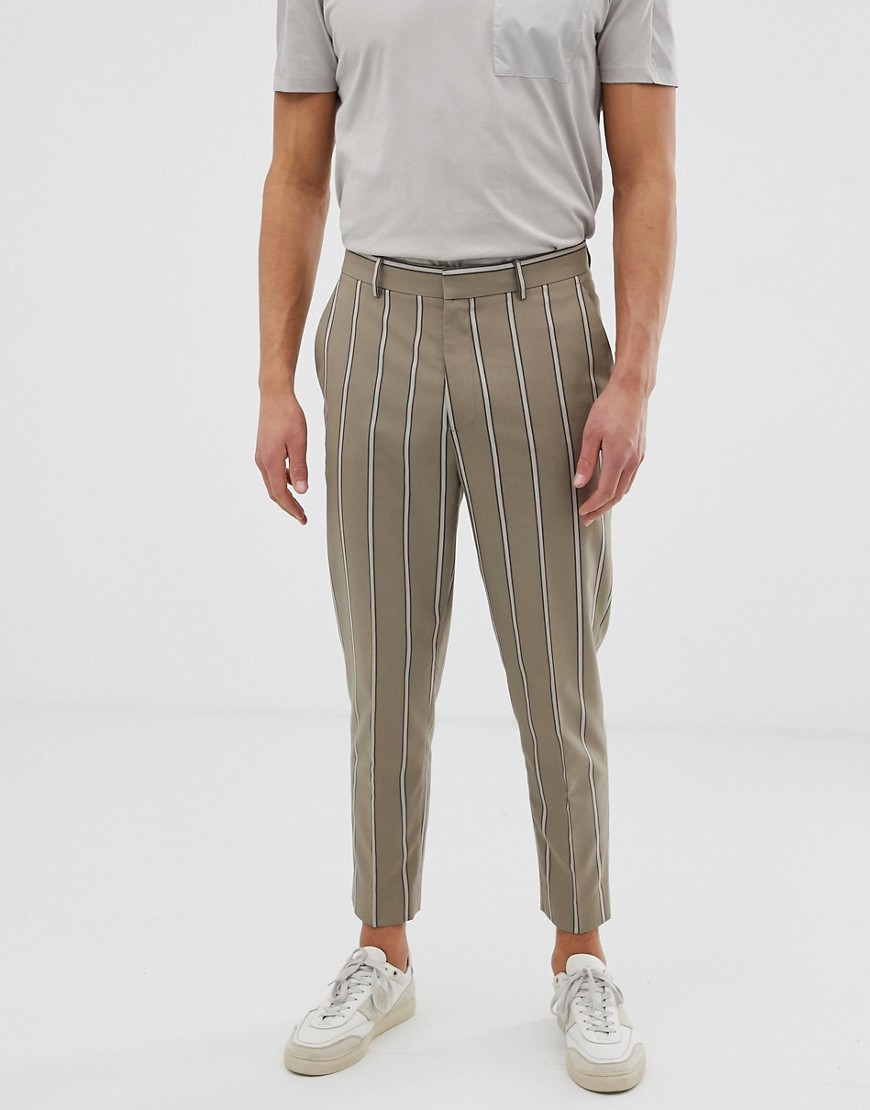 ASOS DESIGN tapered crop smart pants in beige with pin stripe-Gray