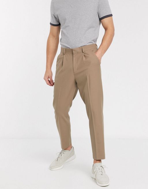 ASOS DESIGN tapered crop smart pants with pleats in stone | ASOS