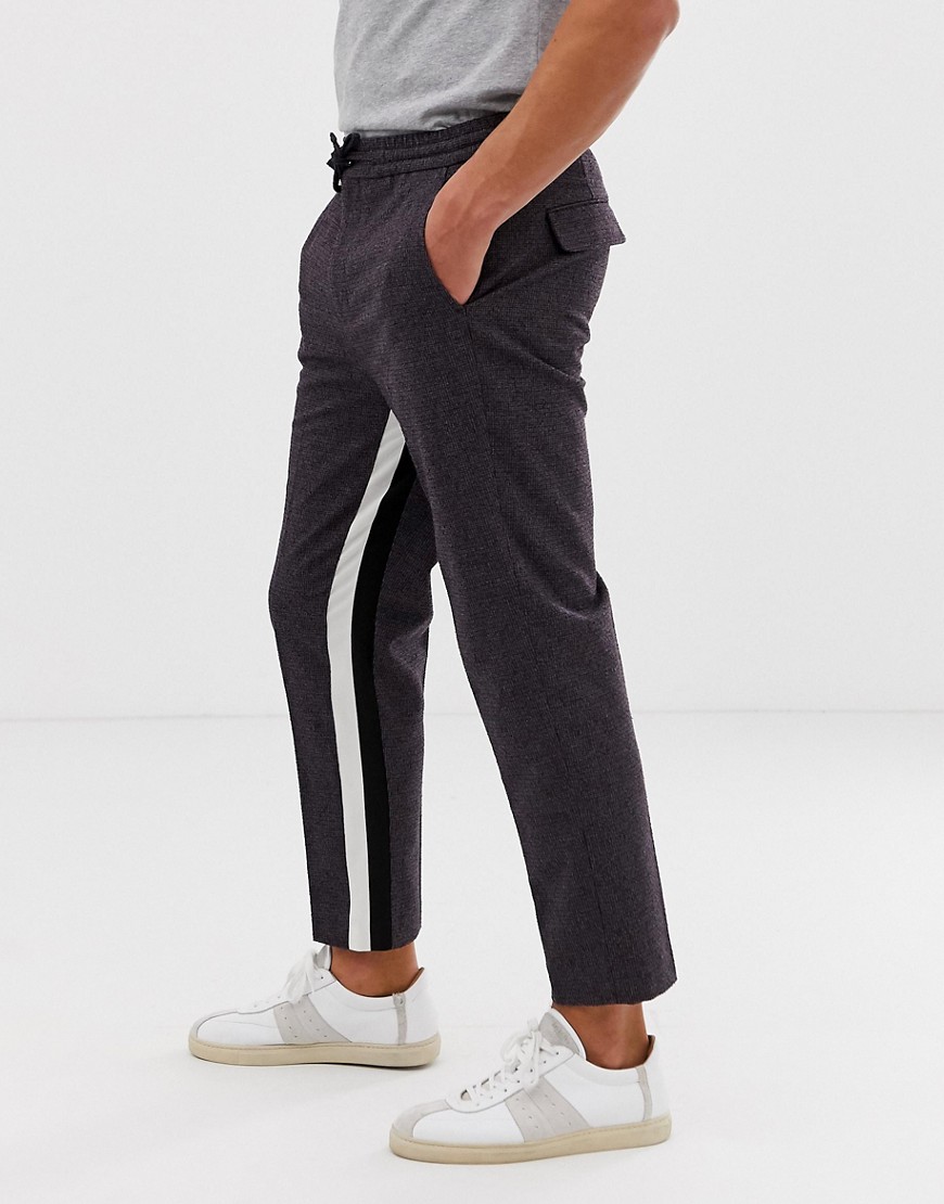 ASOS DESIGN tapered crop smart trouser in purple with insert stripe and drawcord