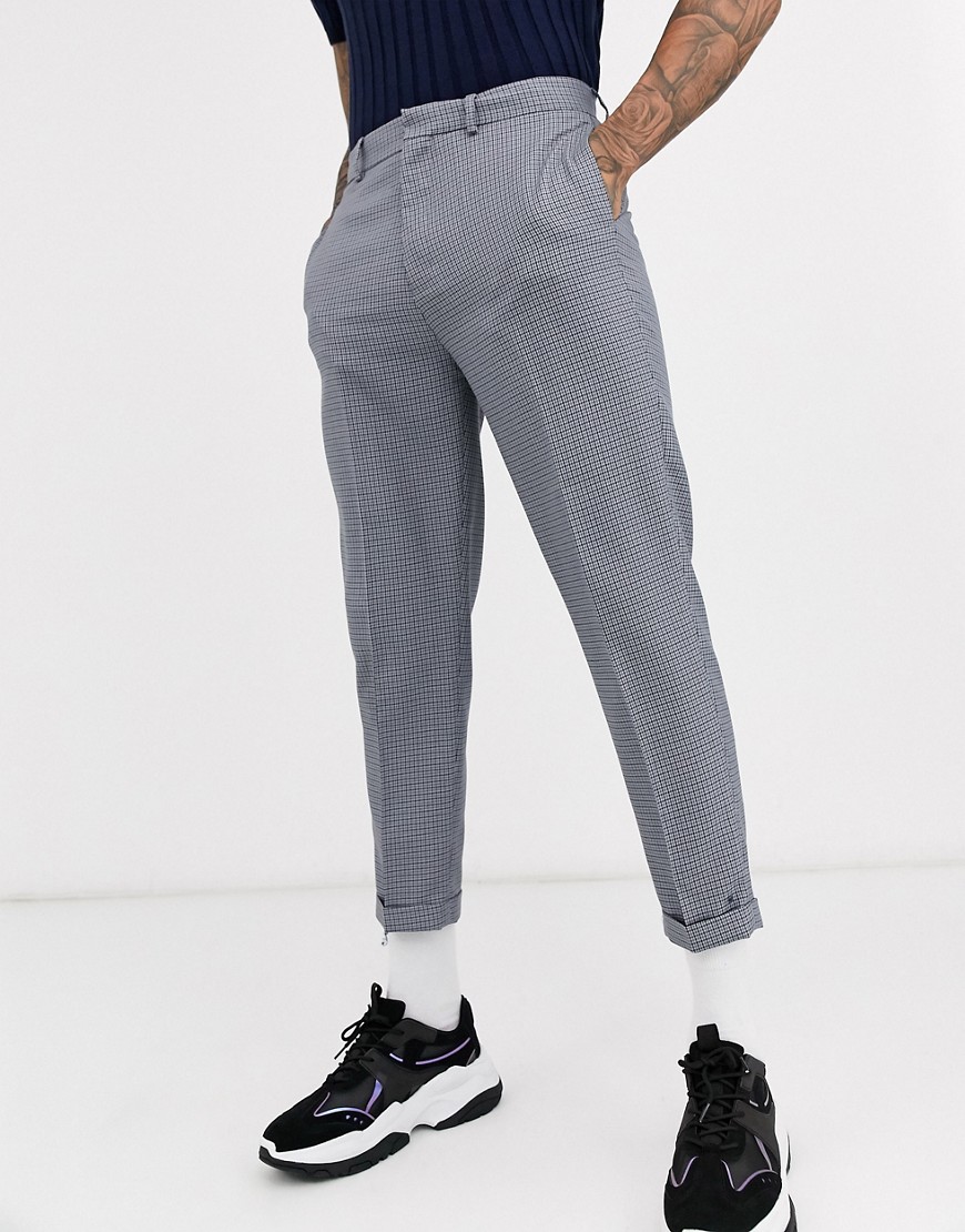 ASOS DESIGN tapered crop smart trousers in blue micro check with turn up detail
